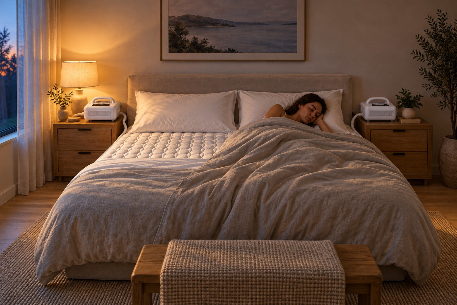 Bedroom at dusk with a temperature-controlled sleep pad on the bed